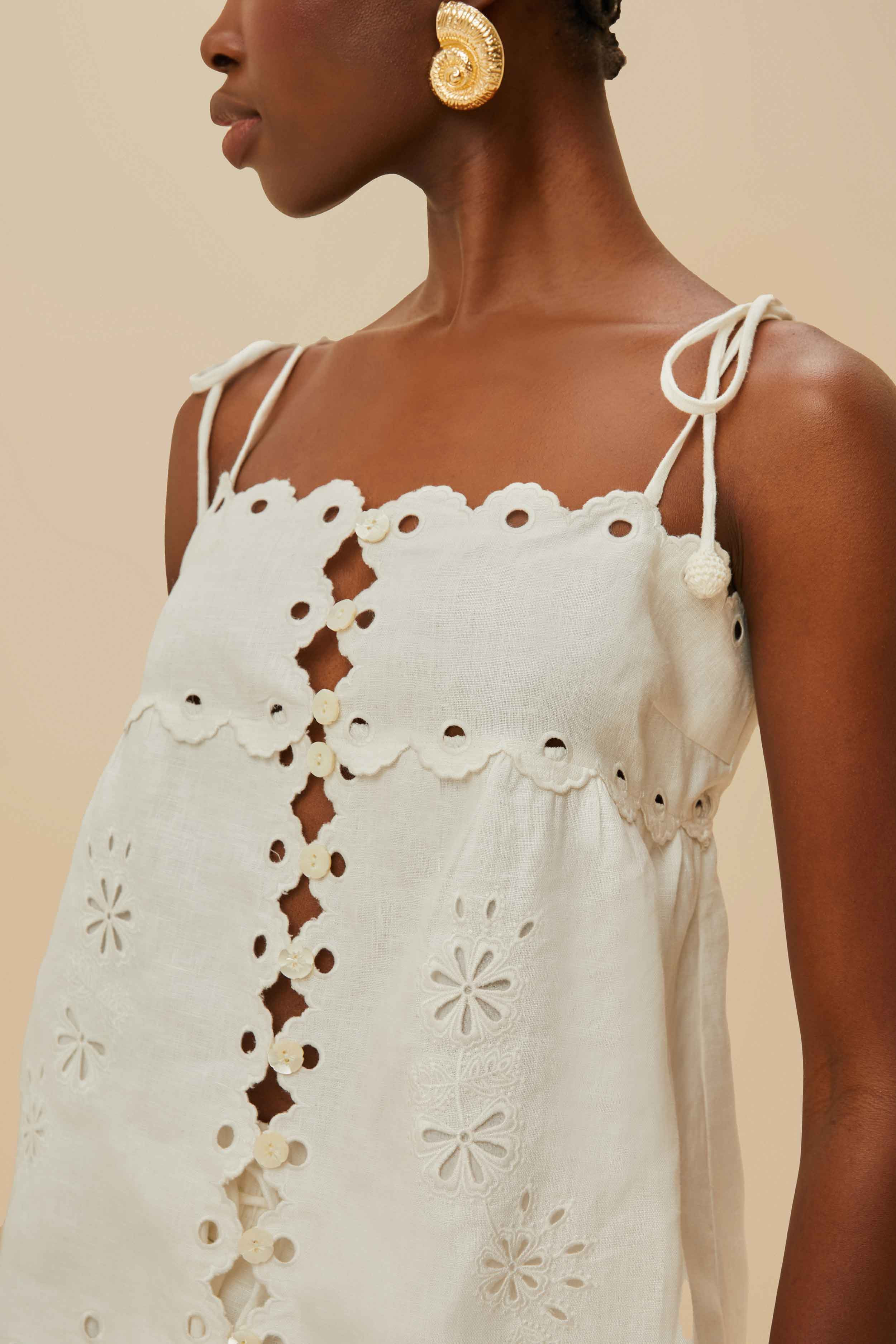 Off-White Flowers Richelieu Euroflax™ Premium Linen Blouse | FarmRio (US)