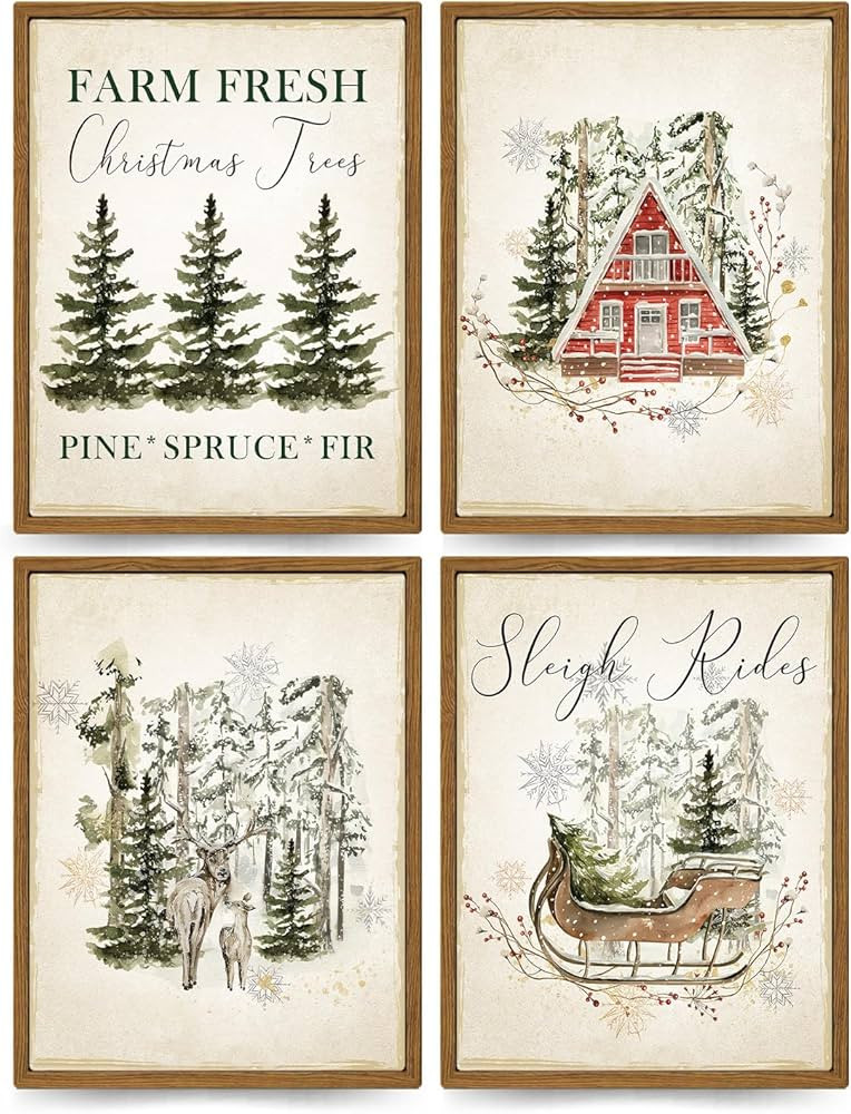 ETVISO Vintage Christmas Wall Decor Prints, Retro Christmas Tree Pictures Wall Art Decorations fo... | Amazon (US)