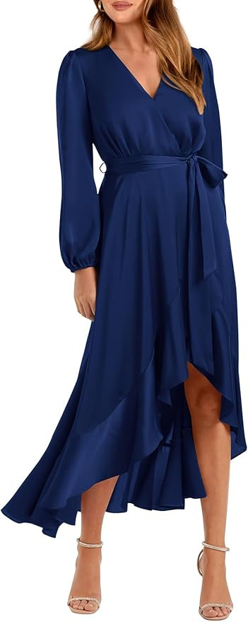 PRETTYGARDEN Women's Fall Dresses Casual Long Sleeve Wrap V Neck Maxi Dress Ruffle High Low Weddi... | Amazon (US)
