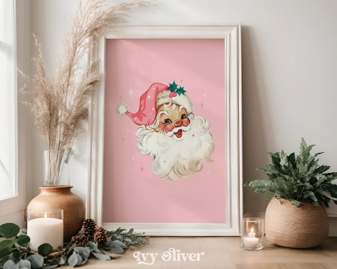 Retro Pink Christmas Print Wall Art Download Pink Santa Wall - Etsy | Etsy (US)