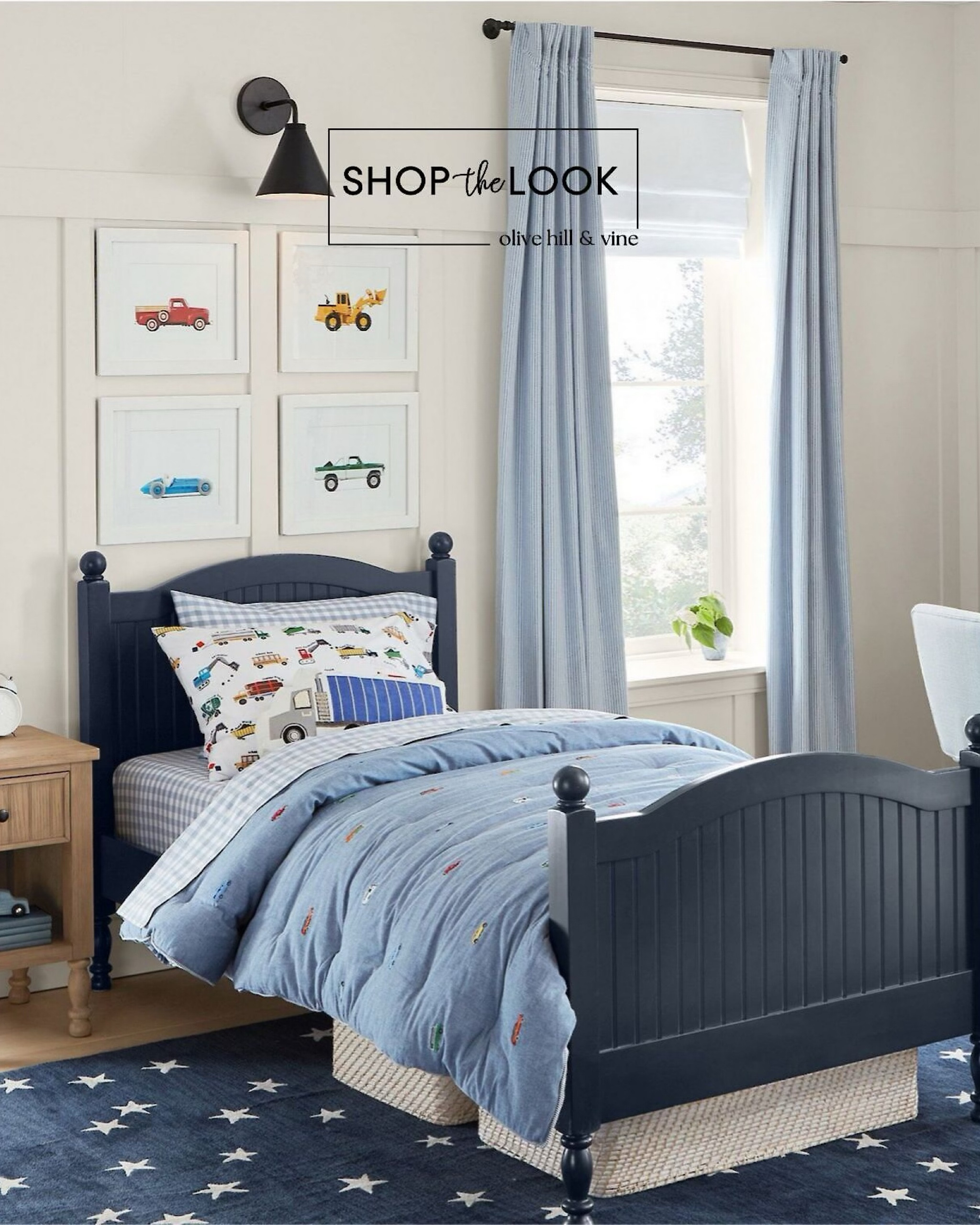 Gear up for adventure with this truck-themed bedroom! A navy beadboard bed pairs with wood nightstands, striped blackout curtains, a transportation comforter, truck-patterned sheets, a plush truck pillow, and vibrant vehicle art for the perfect finishing touch. 

#LTKHome #LTKFamily #LTKKids