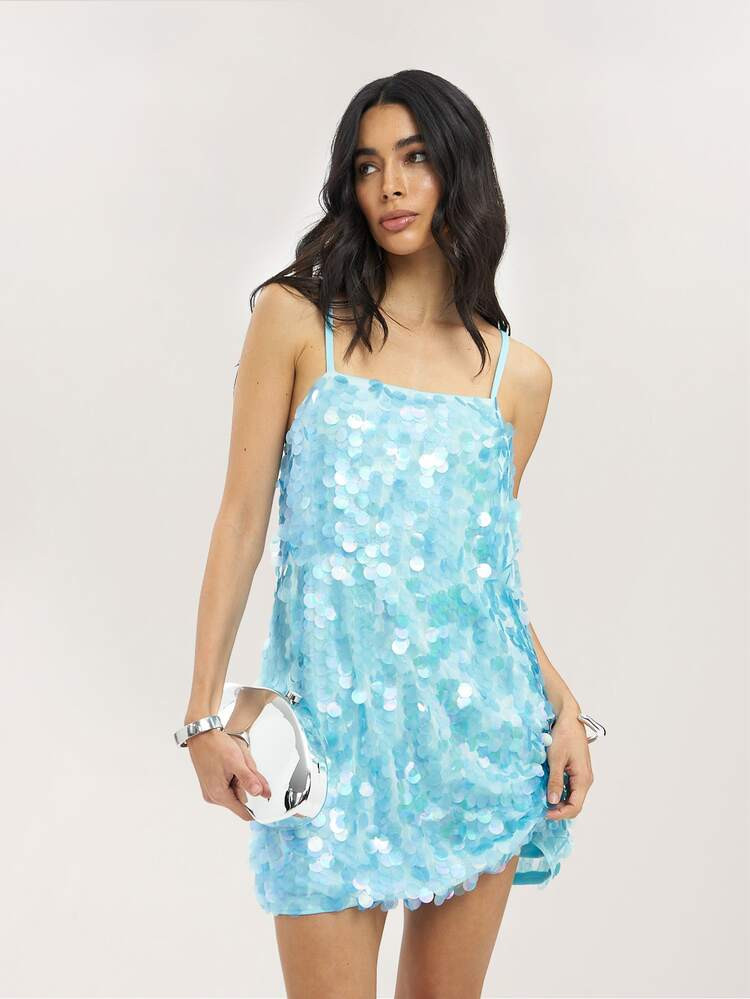 Dancing Leopard Blue Sequin Slip Mini Dress, Summer Outfits For Women, Holiday Dress, Party Dress... | SHEIN