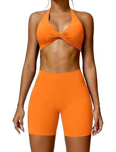 ABOCIW Workout Sets for Women, Twist Front Halter Neck Sports Bra High Waist Biker Shorts Gym Yoga Outfits Halter Orange X-Large | Amazon (US)