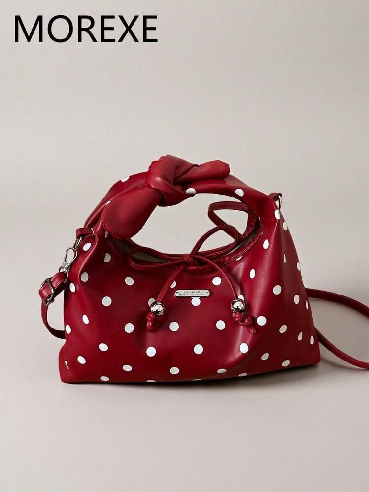 Women's Fashion Polka Dot Handbag, Crescent Shaped Bow Decor Versatile Pleated Shoulder Bag | SHEIN