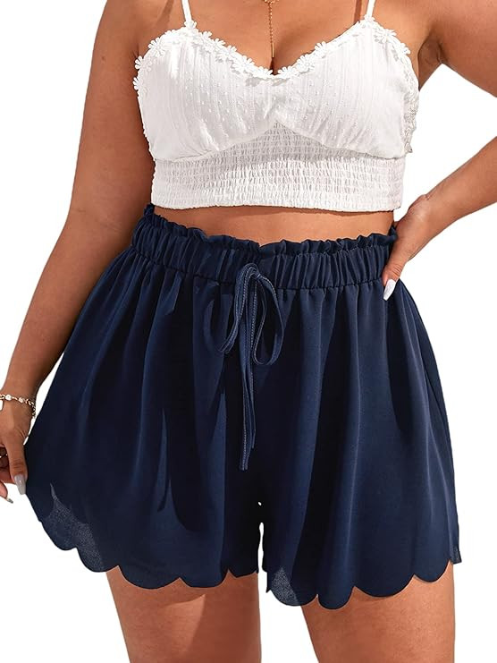 MakeMeChic Women's Plus Size Elastic Waist Scallop Trim Flowy Wide Leg Shorts | Amazon (US)