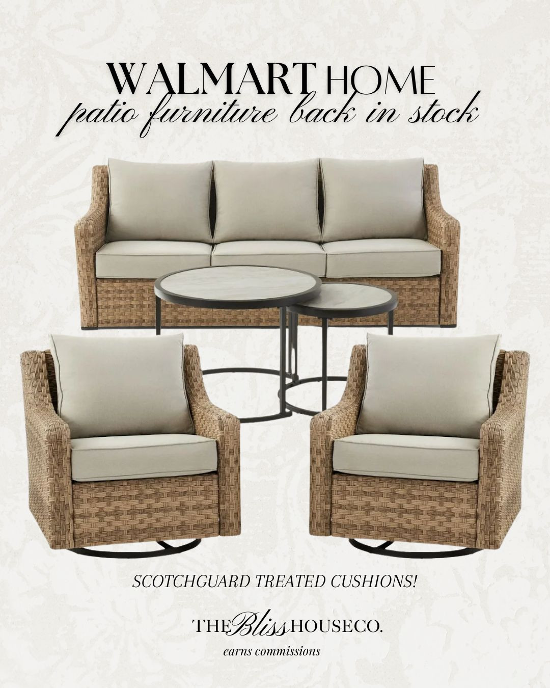 The Walmart patio set everyone waits for is BACK! 🤍 Woven texture, classic lines, swivel chairs & Scotchgard-treated cushions.

Walmart patio set, outdoor furniture, patio furniture restock, wicker sofa, swivel chairs, outdoor seating, backyard setup, neutral patio, designer look for less, patio conversation set, outdoor living, deck furniture, affordable patio, spring outdoor, summer hosting, woven outdoor, weather resistant cushions, patio refresh, best seller, backyard makeover. 

 #LTKHome
