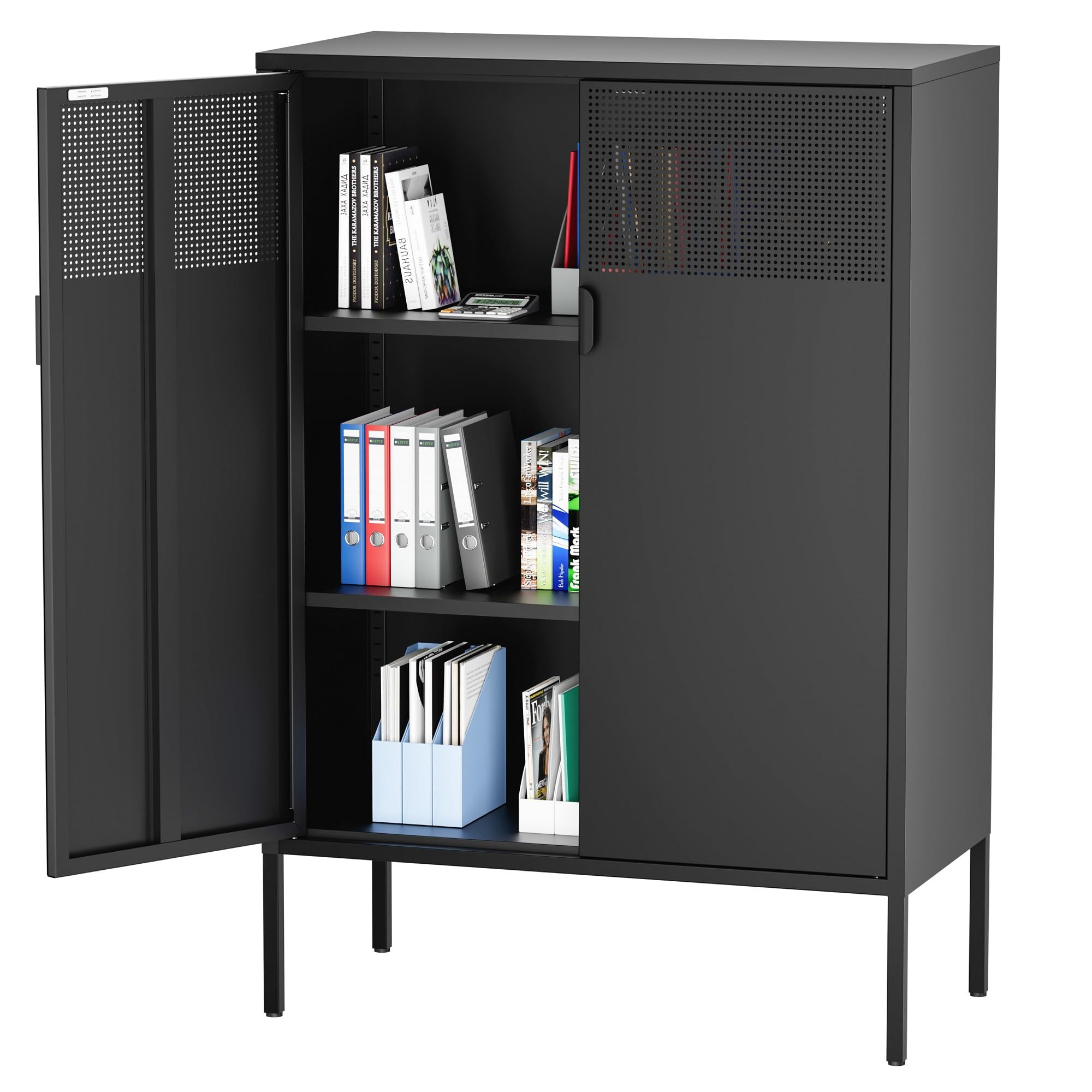 Black Metal Storage Cabinet, Metal Locker Storage Cabinet with Doors and Shelves, 3 Tier Steel Of... | Amazon (US)