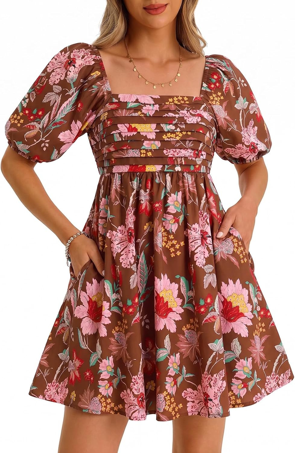 Wenrine Womens Summer Square Neck Puff Short Sleeve Floral Mini Dress | Amazon (US)
