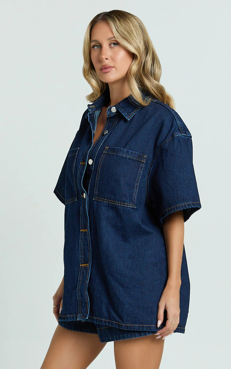 Rhianna Top - Oversized Recycled Denim Hardware Detail Short Sleeve Shirt in Indigo Wash | Showpo (US, UK & Europe)