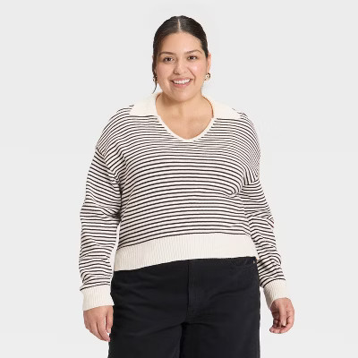 Women's Collared Neck Pullover Sweater - Universal Thread™ Black Striped 1X | Target