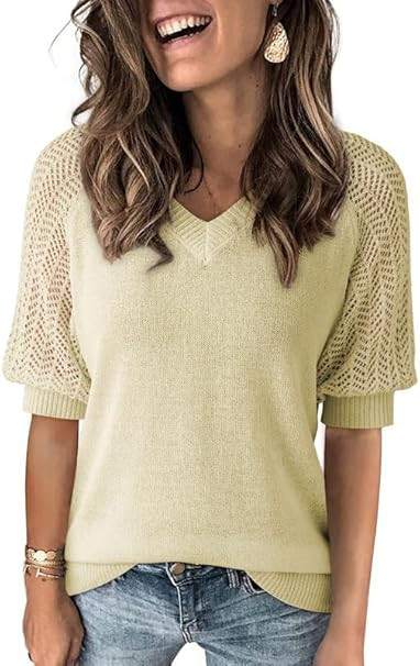Dokotoo Women's Casual Short Sleeve Loose Crochet Tunic Tops Lightweight Knit Pullover Sweater Bl... | Amazon (US)