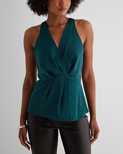 Satin V-Neck Gathered Faux Wrap Front Top | Express