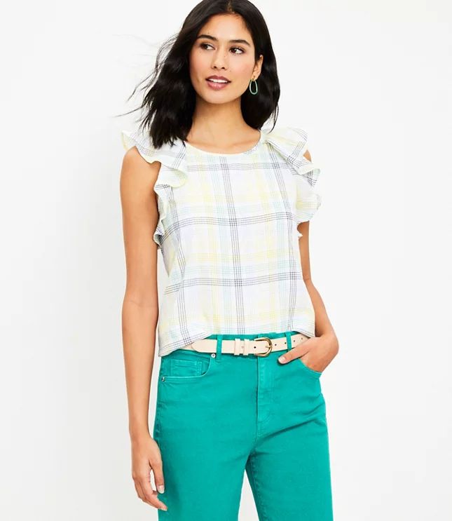 Plaid Ruffle V-Back Shell | LOFT