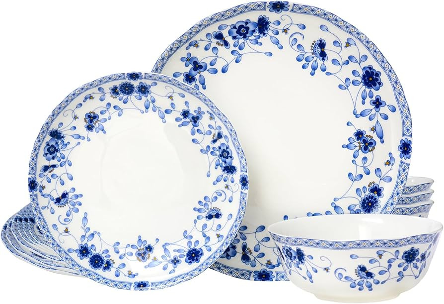 Fine Bone China Dinnerware Set for 4, 12-Piece Blue and White Porcelain Dinnerware Set, Dinner Pl... | Amazon (US)