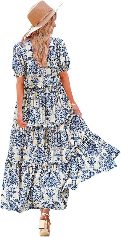 YESNO Summer Casual Bohemian Floral Dresses for Women 2024 Puff Short Sleeve Long Maxi Dress with... | Amazon (US)