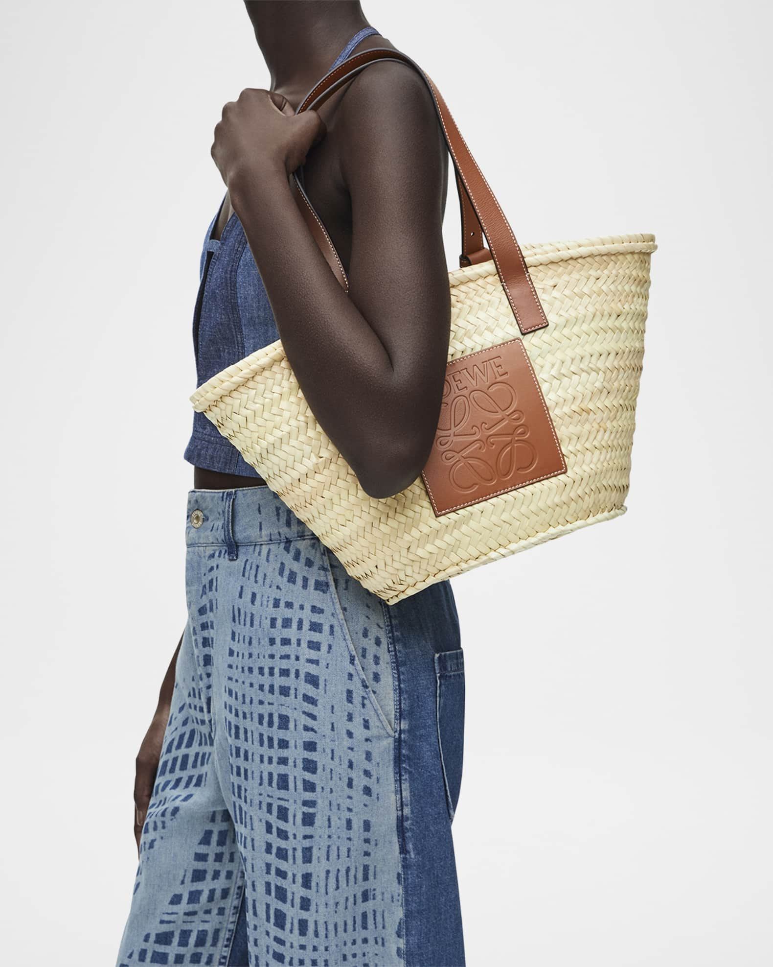 x Paula’s Ibiza Basket Bag in Palm Leaf with Leather Handles | Neiman Marcus