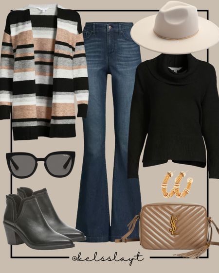 Outfit idea, Walmart fashion, Walmart outfit, time and tru, stripped cardigan, flare jeans, black booties, turtleneck sweater 

#LTKstyletip #LTKunder50 #LTKSeasonal