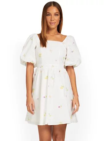 NY & Co Women's Embroidered Puff-Sleeve Mini Dress - English Factory White Size Small Polyester/Cott | New York & Company