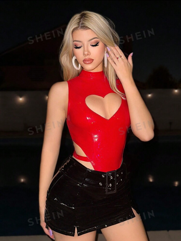 SHEIN Sweetina Heart Cut Out Mock Neck PU Leather Red Bodysuit | SHEIN