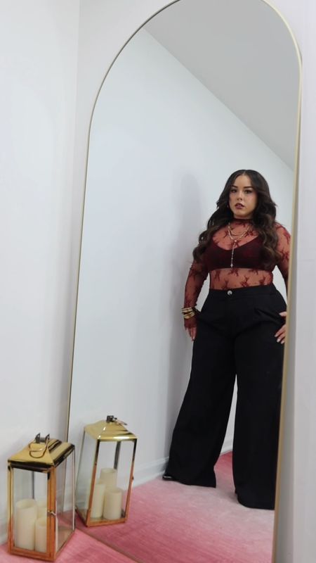 Curvy midsize 12/14 & petite 5’2” Valentine’s Day outfit idea 🥀 Styling this burgundy sheer lace Amazon top with wide leg black pants, pointed toe stiletto boots and gold accessories for a sultry V-Day look

#LTKSeasonal #LTKplussize #LTKmidsize