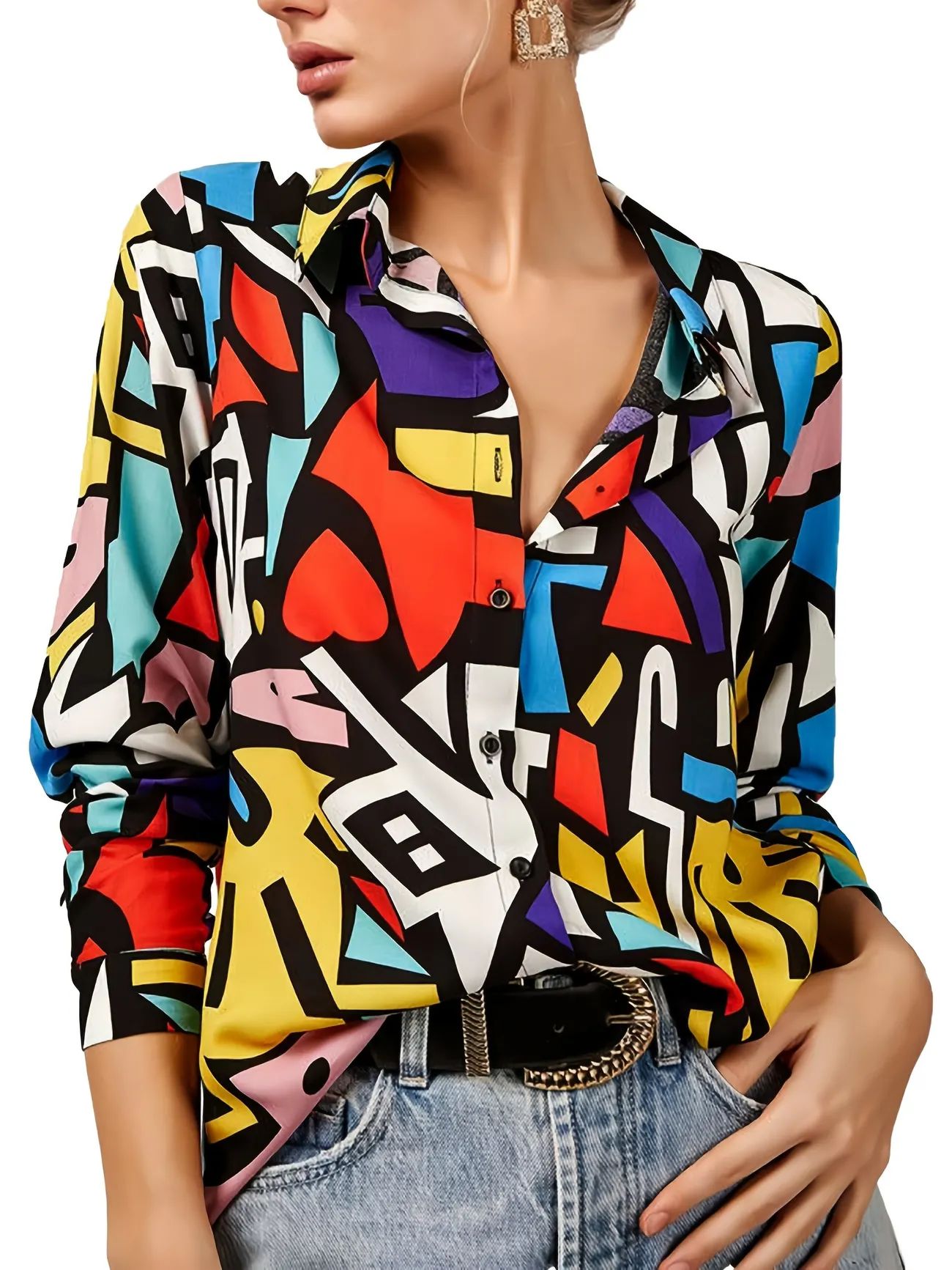 Geometric Graphic Print Blouse, Long Sleeve Button Down Blouse, Casual Every Day Tops, Women's Cl... | Temu Affiliate Program