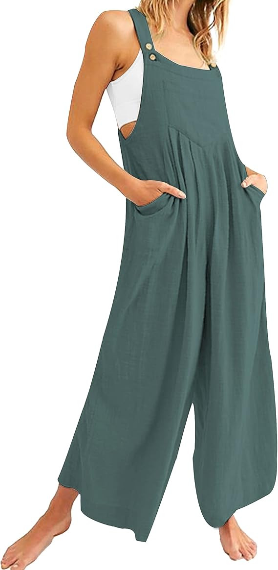 Bienmorn Women's Casual Loose Wide Leg Jumpsuit Flowy Pleated Sleeveless Adjustable Strap Cotton ... | Amazon (US)