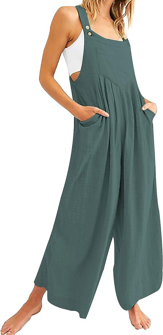 Bienmorn Women's Casual Loose Wide Leg Jumpsuit Flowy Pleated Sleeveless Adjustable Strap Cotton ... | Amazon (US)