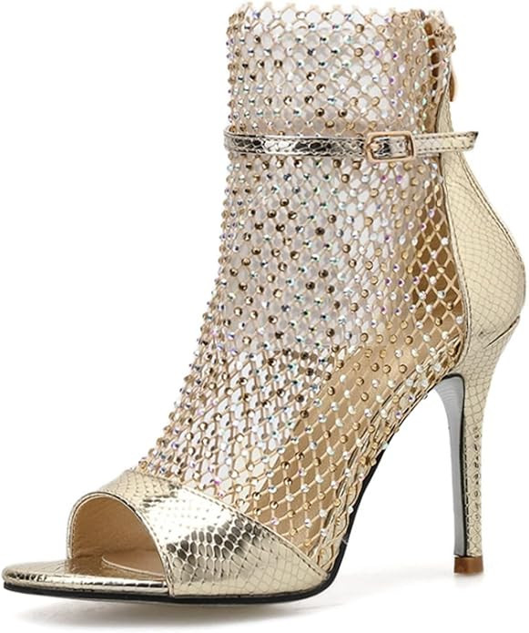 Women'S Hollow Mesh Rhinestone Stiletto Sandals With Back Zipper Summer Classic Open Toe Evening ... | Amazon (US)