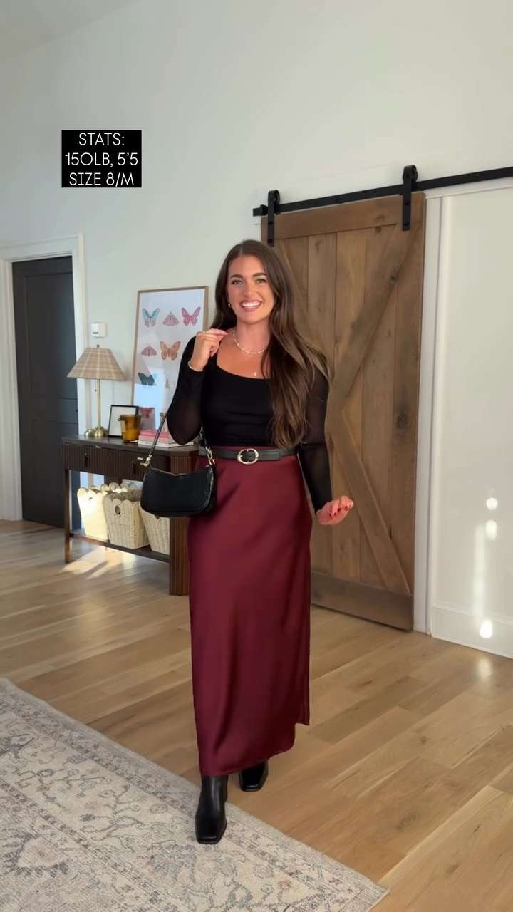  I’m a true size 8/M & 5’5. My waist 29”, hips 40”, & bust 36.5” Everything is TTS - M except the burgundy satin maxi, I sized up to the L & burgundy sweatshirt is an XL for a comfy oversized fit :) 

 #LTKHoliday #LTKgrwm #LTKootd