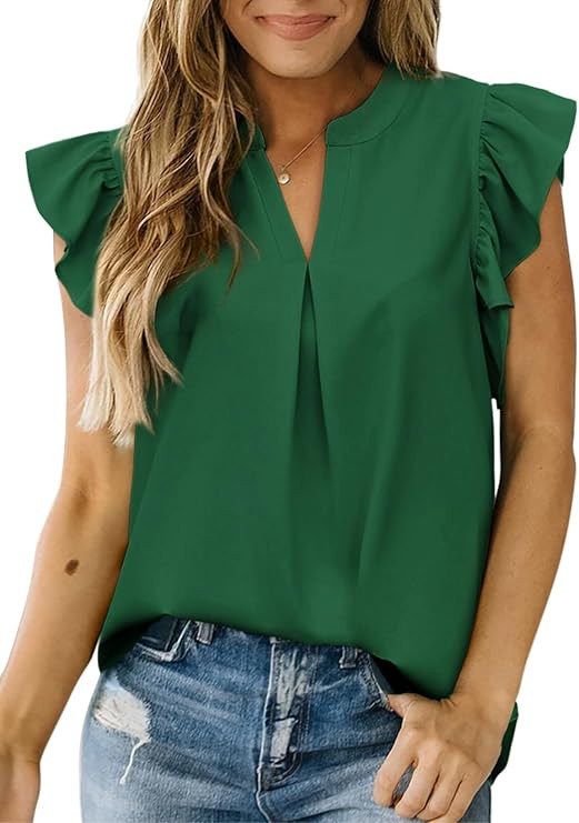 Dokotoo Womens Summer Tops Dressy Casual V Neck Ruffle Short Sleeve Solid Blouses Tops | Amazon (US)
