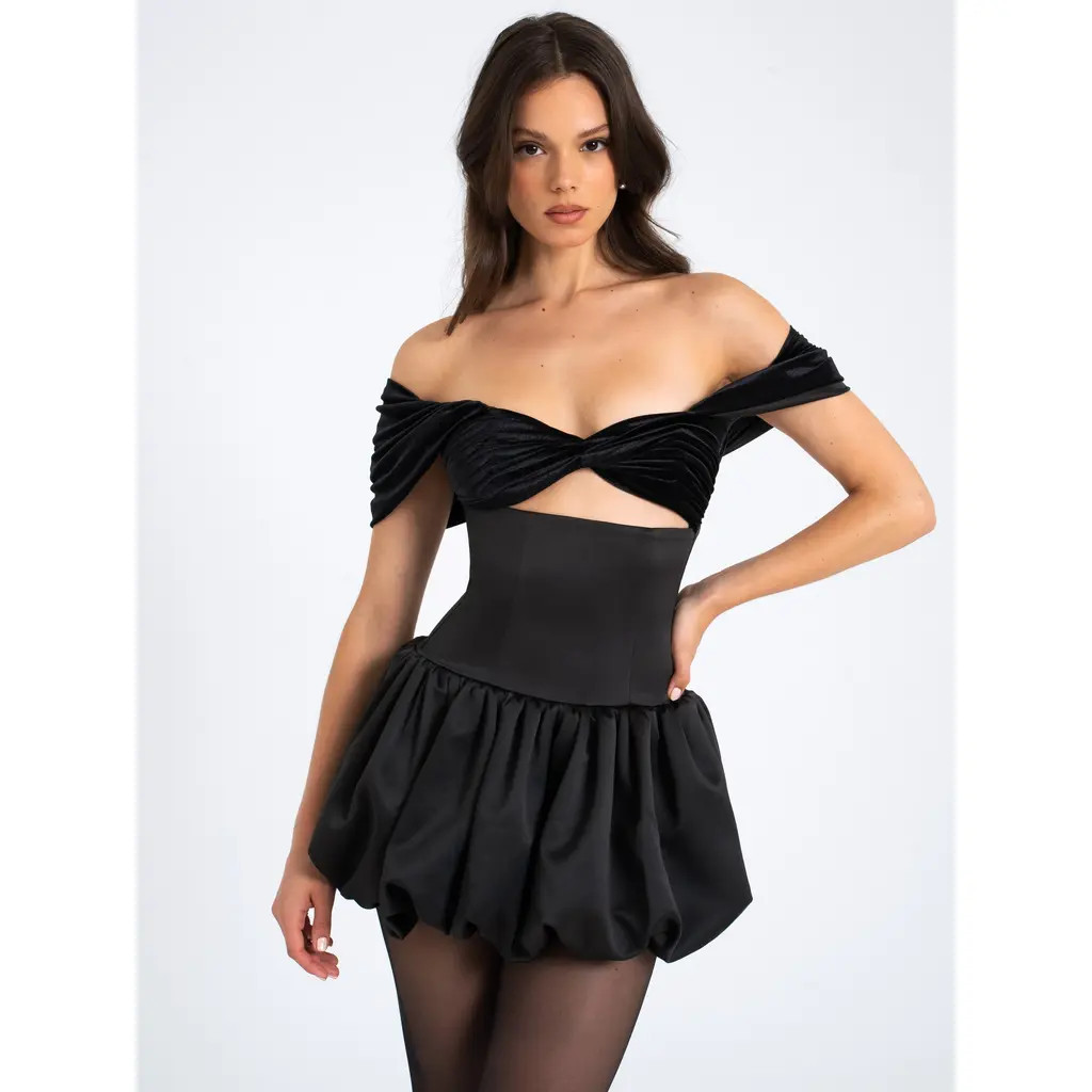 Miss Circle Gabby Velvet Top Bubble Hem Mini Dress in Black at Nordstrom, Size X-Large | Nordstrom