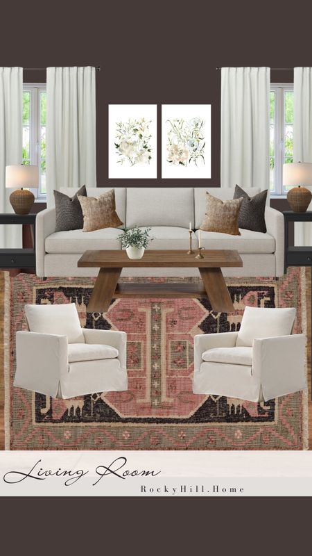 A modern traditional living room with a boho twist featuring a pink, black, brown and white color palette. The living room swivel chairs and Target side tables are an affordable price point, leaving more room in the budget for a Pottery Barn sofa and coffee table.  

#LTKStyleTip #LTKFindsUnder50 #LTKHome