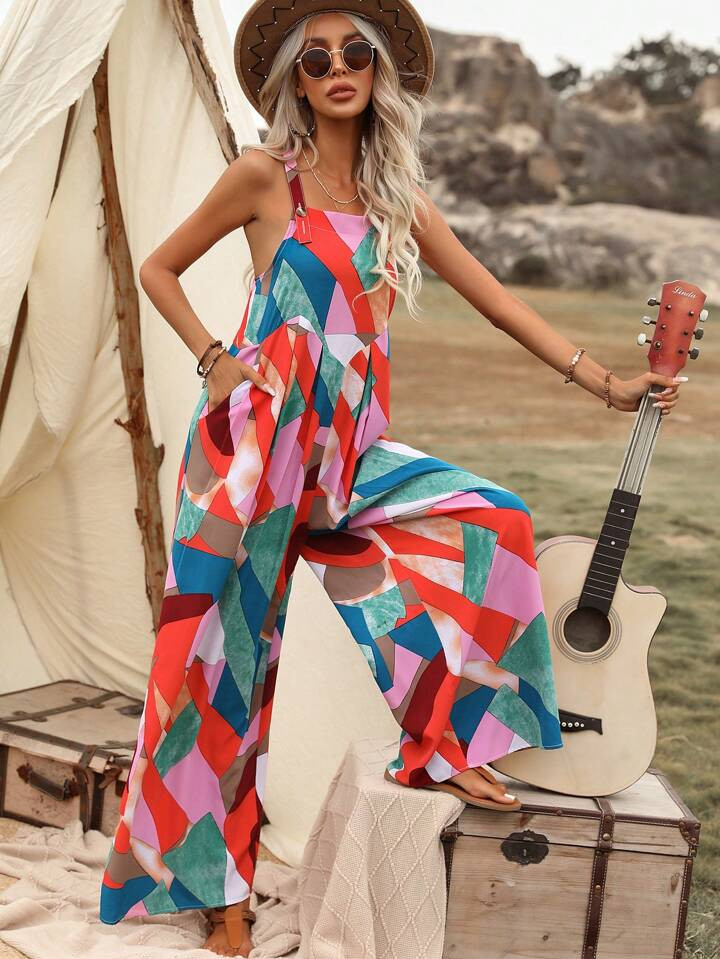 SHEIN VCAY Geo Print Wide Leg Cami Jumpsuit | SHEIN
