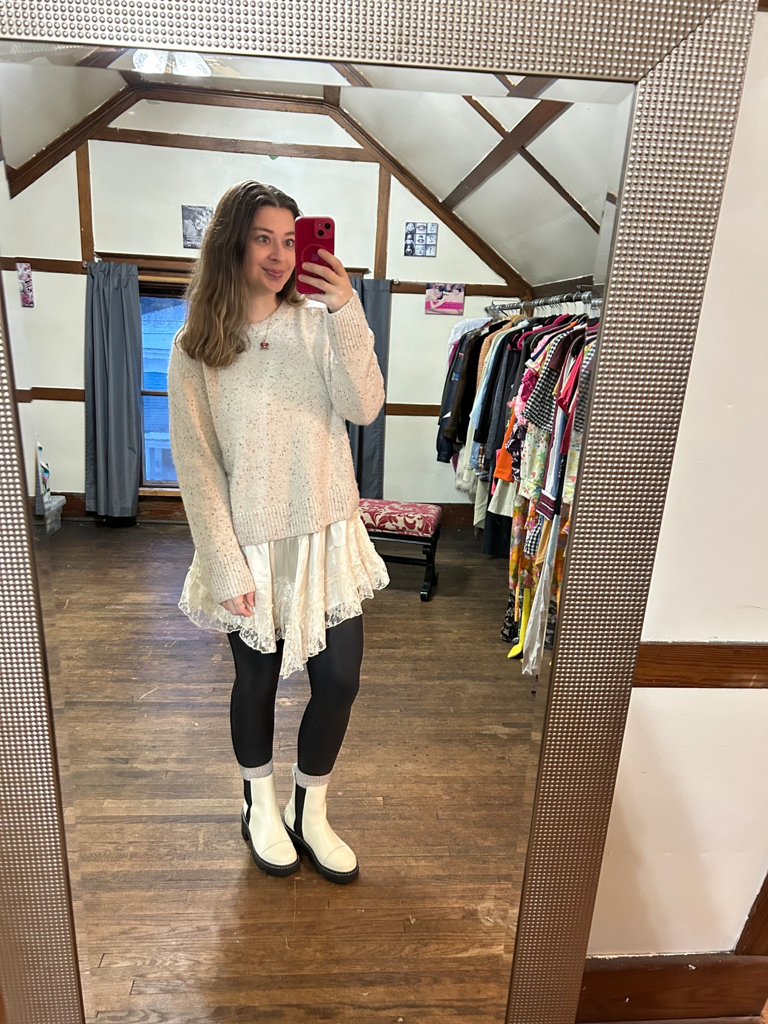 Sweater with lace slip dress and faux leather leggings. Sorel waterproof booties

#LTKHoliday #LTKFindsUnder100 #LTKSaleAlert