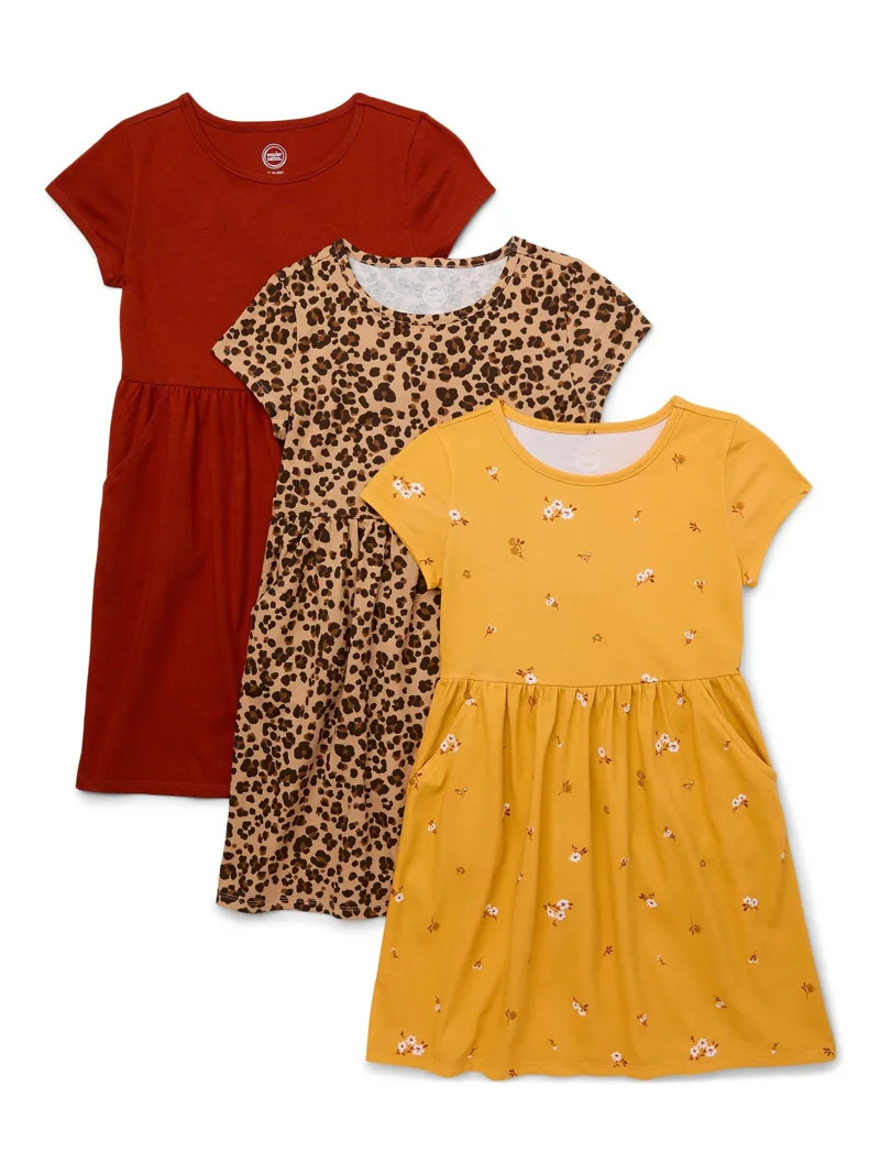 Wonder Nation Girls Short Sleeve Play Dress, 3-Pack, Sizes 4-18 & Plus | Walmart (US)