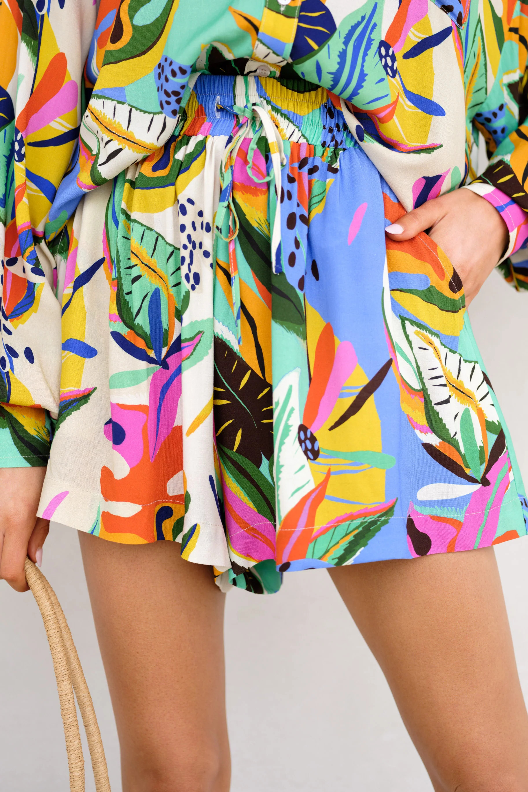 Sun Kissed Days Turquoise Multi Print Shorts | Red Dress 