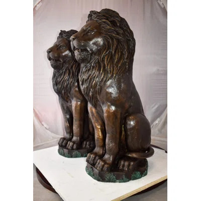Pair Of Lions Sitting on Base Very Detailed Bronze Statues 13" x 26" x 34"H | Wayfair North America