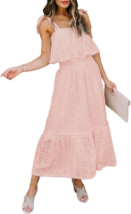 BerryGo 2021 Women's Boho Eyelet Beach Dress Embroidery Off Shoulder Ruffle Maxi Dress with Bow K... | Amazon (US)