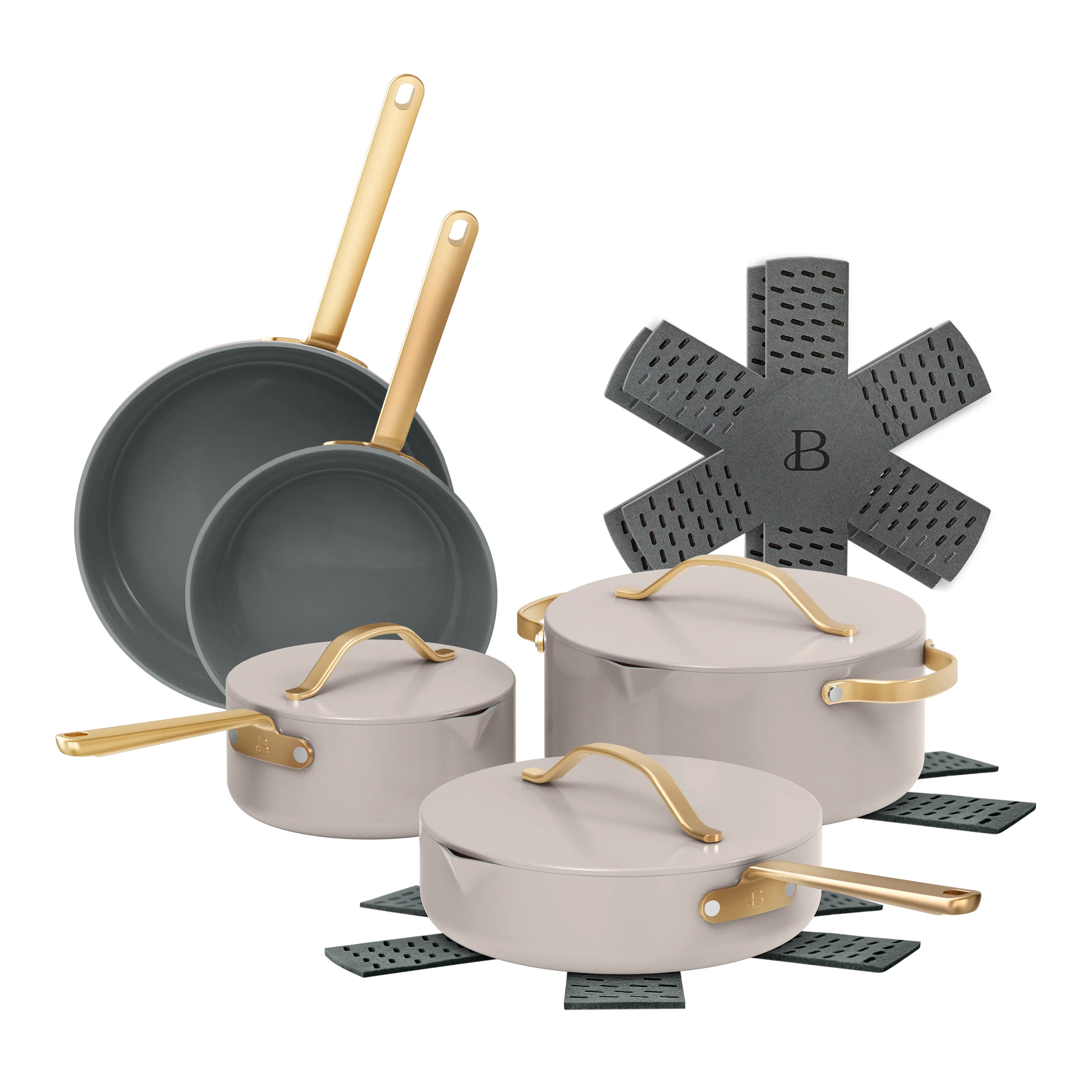 Beautiful 12-Piece Ceramic Nonstick Cookware Set, Pots and Pans with Strainer Lids, Porcini Taupe... | Walmart (US)
