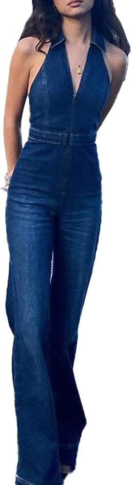 SEMATOMALA Women's Sleeveless Y2K Jean Jumpsuit Flared Leg Pants Romper Halter Tank Top Denim Cat... | Amazon (US)