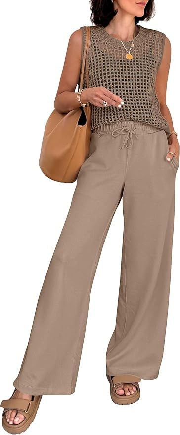 ANRABESS Women 2 Piece Summer Outfits 2026 Crochet Sweater Vest Wide Leg Pants Lounge Matching Se... | Amazon (US)