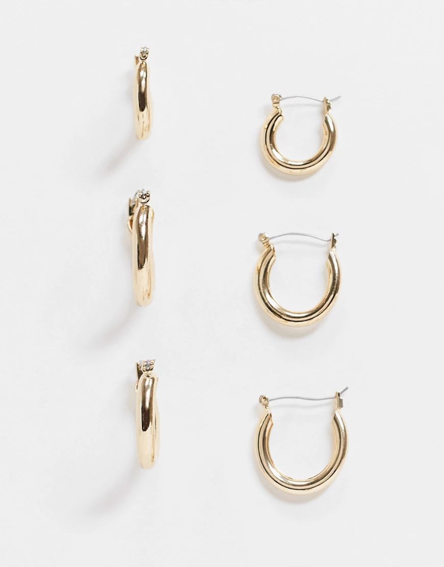 Monki Kayla 3 pack hoop earrings in gold | ASOS (Global)