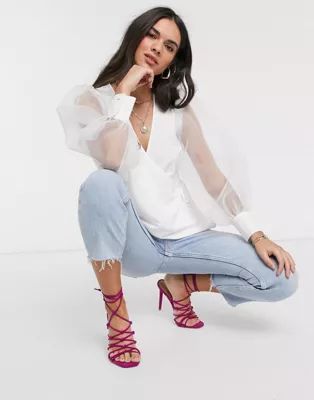 ASOS DESIGN wrap top with organza sleeves in Ivory | ASOS (Global)