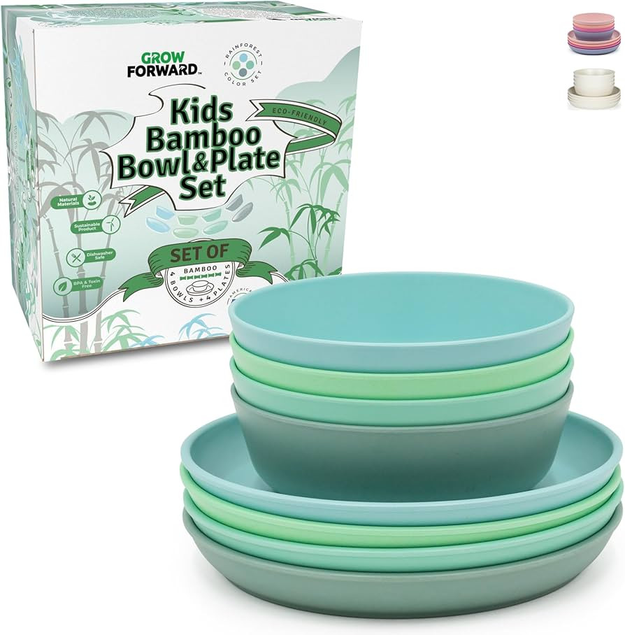 Grow Forward Bamboo Kids Plates and Bowls Set - 4 Bamboo Plates for Kids and 4 Bamboo Bowls for K... | Amazon (US)