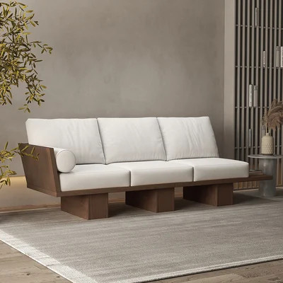 97" Walnut Japandi Solid Wood Living Room Sofa 3-Seater Cotton & Linen Upholstery | Homary | Homary