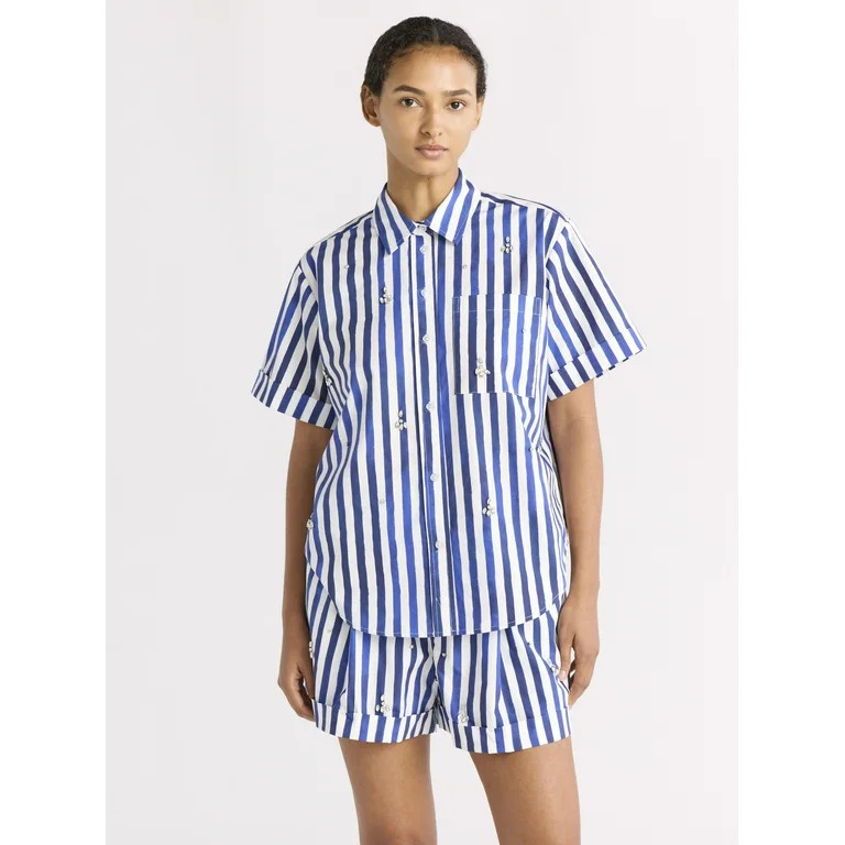 Free Assembly Women's Embellished Cotton Button Up Shirt, Sizes XS-XXL | Walmart (US)