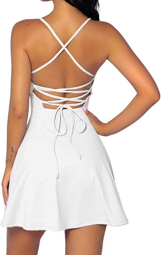 QINSEN Womens Two Pieces Tennis Dress with Shorts Workout Open Back Active Golf Dresses | Amazon (US)