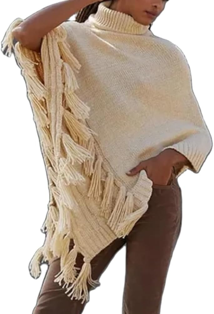 Seyurigaoka Womens Poncho Sweater Fringed Hem Asymmetrical Knit Cape Top Turtleneck Knitted Ponch... | Amazon (US)