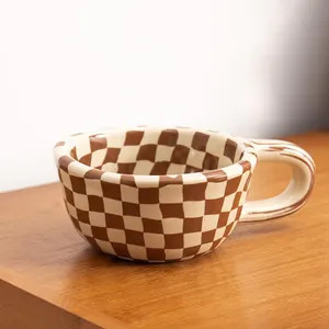 Brown Checkerboard Ceramic Mug, Aesthetic Coffee Cup, Retro Checkered Tea Mug, Cute Cottagecore K... | Etsy (Global)