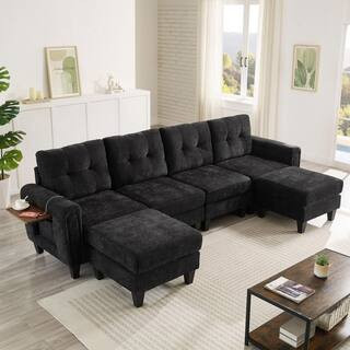 Cevano Modern 115.25 in. Chenille Upholstered Sectional Sofa in Black with Ottomans, USB Ports and Side Tables | The Home Depot